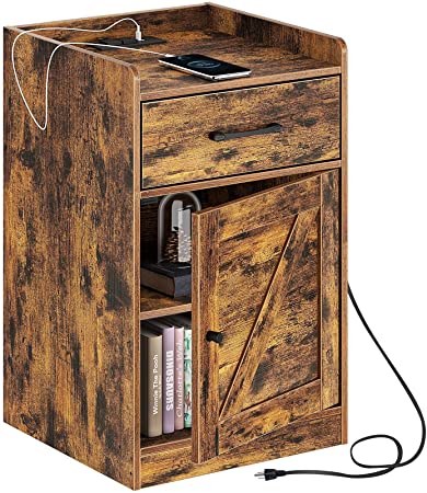 Rolanstar Nightstand with Charging Station, Farmhouse End Side Table with Storage Drawer and Cabinet for Bedroom, Rustic Brown