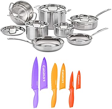 Cuisinart MCP-12N MultiClad Pro 3-Ply Stainless Steel Cookware Set with Nonstick Color Chef Knife Set (18-Piece Set) (2 Items)