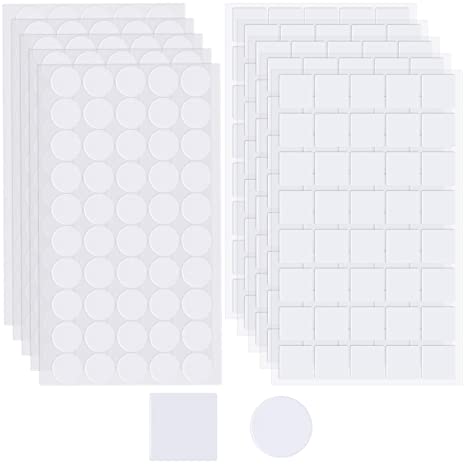 Clear Double Sided Stickers, Clear Adhesive Tape, Includes Square Double Sided Adhesive and Round Dot Stickers, No Traces Sticky Sticker Tape Dot for Wall Tile Decorations Picture Carpet (450 Pieces)