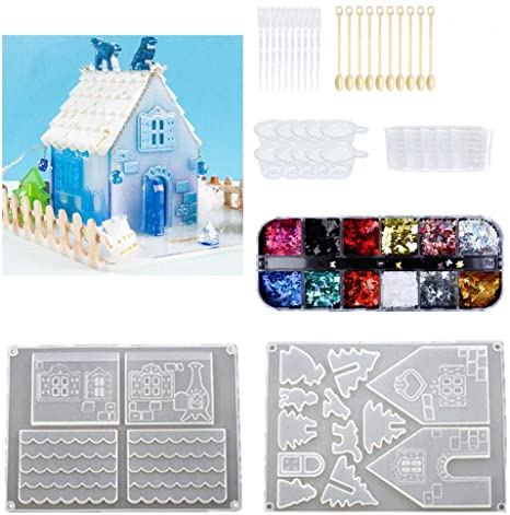 Resin Silicone Mold,Christmas Silicon 3D House Resin Art Molds Sets Include 2 Sets of Gingerbread House molds, 1 Set Tools for Resin Silicone Mold,12 Colors Butterfly Sequins to Decor for Model