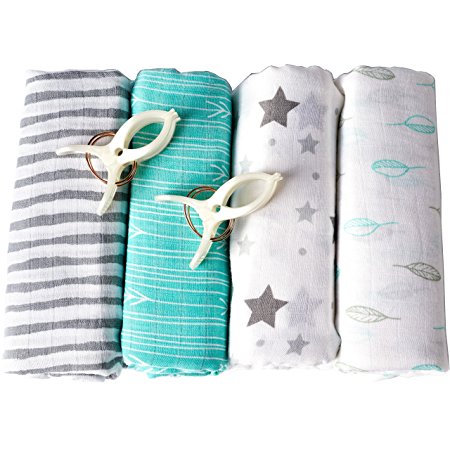 Swaddle Blanket (Premium Bamboo Muslin) 4 Pack   Bonuses: Stroller Clips & Baby Sleeping Guide By BabyVoice (Grey/green)