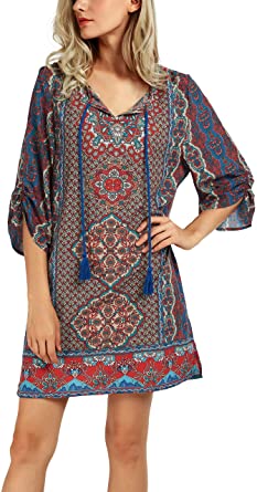 Women Bohemian Neck Tie Vintage Printed Ethnic Style Summer Shift Dress