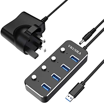 VKUSRA Powered USB 3.0 Hub, Portable Aluminum 4 Ports USB Splitter with Individual On/Off Switch, High-Speed Extension Data Hub with 5V/2A AC Power Supply Adapter for MacBook, Mac Pro/Mini and More