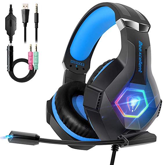 Beexcellent Gaming Headset PS4 Headset, Ultra Light Xbox One Headset with Noise Canceling Mic and Upgraded RGB Light, PC Headset with Stereo Bass Surround, Over-Ear Headphones for PC, PS4, Xbox One, Laptop