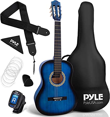 Pyle 36” Classical Acoustic Guitar-3/4 Junior Size 6 Linden Wood Guitar w/Gig Bag, Tuner, Nylon Strings, Picks, Strap, For Beginners, Adults (Blue Burst), Right Hand, (PGACLS82BLU.9)