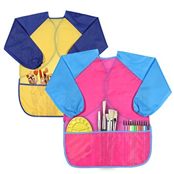 LeeSky 2 Pieces Waterproof Children's Art Smock Kids Art Aprons with Long Sleeve 3 Roomy Pockets,Art Supplies for 3-7 Years Old Children Crafts & Painting Activities (Paints and Brushes not included)