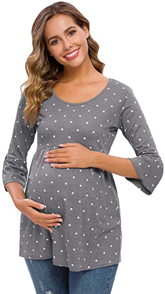 Ecavus Womens Casual Maternity Tops Striped Peplum 3/4 Ruffle Sleeve Shirt Ultra Soft Pregnancy Clothing