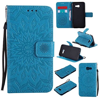 Galaxy A5 2017 Case, KKEIKO® Galaxy A5 2017 Flip Leather Case [with Free Tempered Glass Screen Protector], Shockproof Bumper Cover and Premium Wallet Case for Samsung Galaxy A5 2017 (Blue)