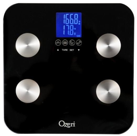 Ozeri Touch 440 lbs (200 kg) Total Body Bath Scale, Black - Measures Weight, Fat, Muscle, Bone & Hydration with Auto Recognition and Infant Tare Technology
