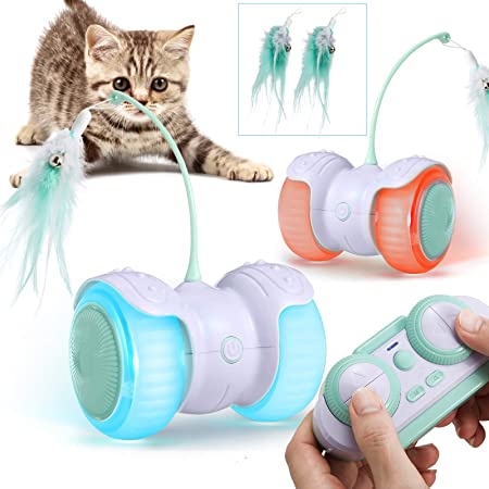 Pidsen Interactive Robotic Cat Toys, 2 in 1 Manual Remote Control Led Light Feathers Cat Toy Ball, Automatic Irregular USB Charging 360 Degree Self Rotating Ball Toys for Cats/Kitten