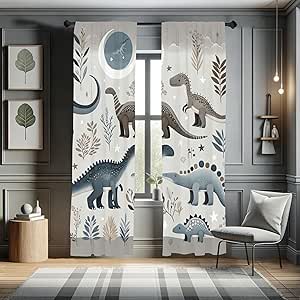 Ambesonne Dinosaur Window Curtains, Funny Nights Art Starry Atmosphere Jurassic Animals Cartoon Design Leafy, Lightweight Decorative 2-Panel Set & Rod Pocket, Pair of - 28" x 84", Purpleblue Pale Grey