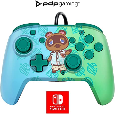 PDP Gaming Faceoff Deluxe  Wired Switch Pro Controller - Animal Crossing - Tom Nook - Blue/Green - Officially Licensed by Nintendo - Customizable buttons and paddles - Ergonomic Controllers