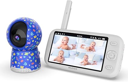 NexiGo Video Baby Monitor with Camera and Audio, 5 Inch Split IPS Screen, Support Up to 4 Cameras, 2-Way Audio, Pan-Tilt-Zoom, 4800mAh Battery, Temperature Detection, Night Vision, Lullaby (Blue)