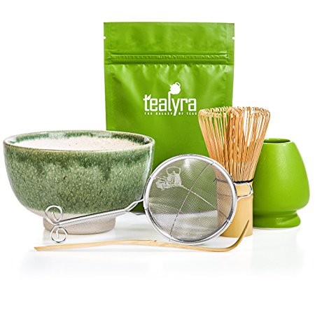 Tealyra - Matcha Tea Ceremony Start Up Kit - Complete Matcha Green Tea Gift Set - Premium Matcha Powder - Japanese Made Green Bowl - Bamboo Whisk and Scoop - Holder - Sifter - Gift Box