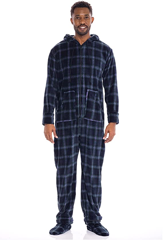 Alexander Del Rossa Men's Warm Fleece One Piece Footed Pajamas, Adult Onesie with Hood for Winter