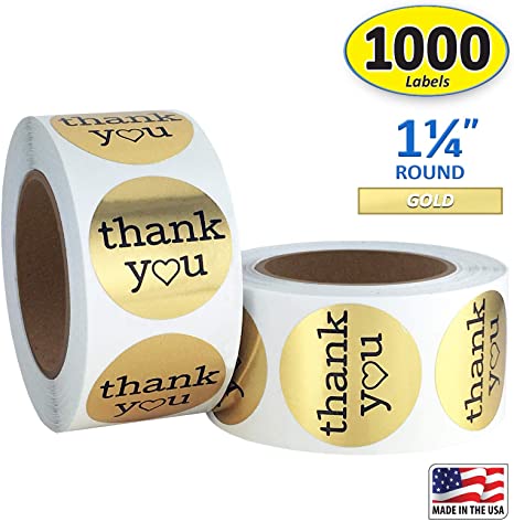 Gold 1.25 inch Round Thank You Labels with Heart, 1000 Foil Sticker Labels, 1.25" Diameter, 1-1/4"…