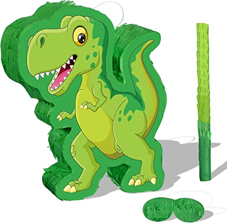 Green Dinosaur Pinata Bundle, String Pinata Dinosaur with a Blindfold and Stick Pull Pinata for Boys, Girls, Animal Themed Birthday Parties, Decorations Supplies, 16.5 x 11.8 x 3.1 Inches