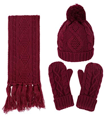 Women's Winter 3PC Cable Knit Beanie Hat Gloves&Scarf Set