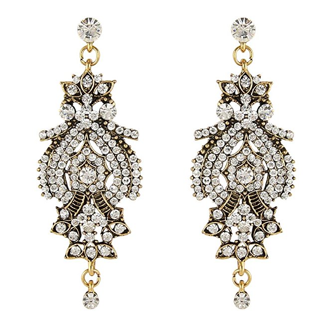 BriLove Women's Vintage Inspired Crystal Floral Chandelier Pierced Dangle Earrings Antique Gold-Tone Clear