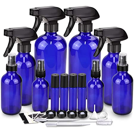 Glass Spray Bottle Kits, BonyTek Empty 4 10 ml Roller Bottles, 8 Blue Essential Oil Bottle(16oz,8oz,4oz,2oz) with Labels for Aromatherapy Cleaning Products