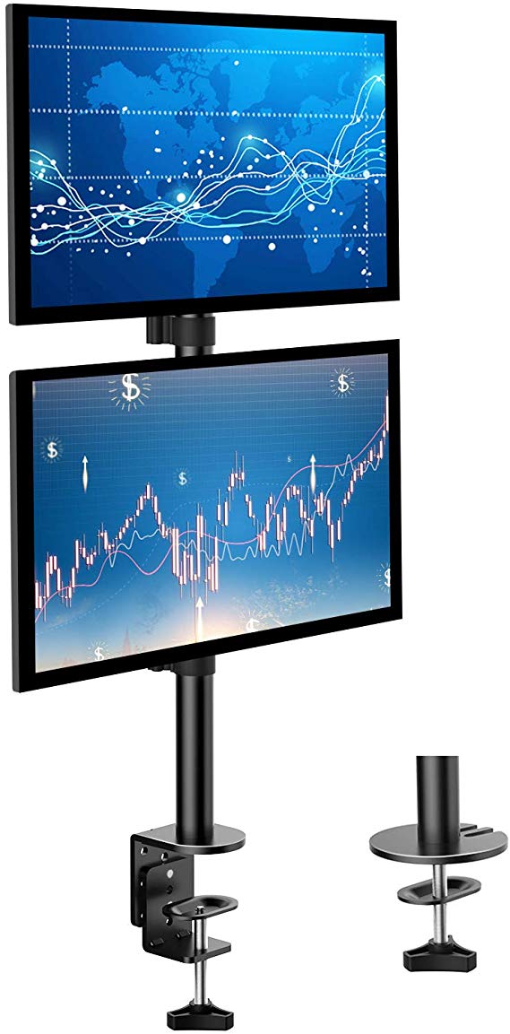 HUANUO Vertical Monitor Stand for 2 Monitors - Dual Stacking Screen Holder Desk Mount Fits Two 13 to 27 Inch LCD Computer Displays with C Clamp, Grommet Base