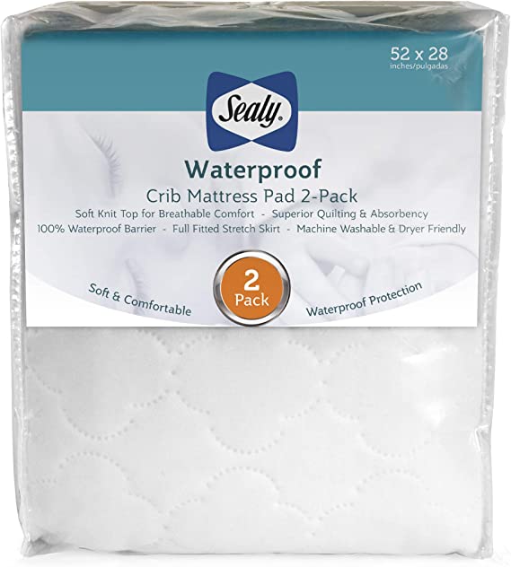 Sealy Waterproof Fitted Crib/Toddler Mattress Pad Cover 2-Pack - 100% Waterproof, Deep Fitted Stretch Skirt, Machine Washable & Dryer Friendly 52”x28” - 2 Protector Pads (White)