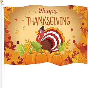 Happy Thanksgiving Outdoor Flag 3 x 5 ft Turkey Pumpkins Flag Thanksgiving Theme Garden Yard Outdoor Decor Thanksgiving Flag Large Harvest Fall Autumn Banner for Garden Yard