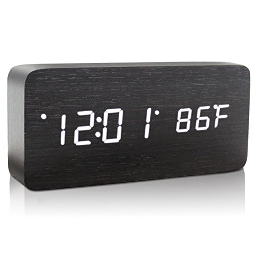 Wooden Digital Alarm Clock, Warmhoming Acoustic Control Clock with Time Temperature and Voice Control (Black)