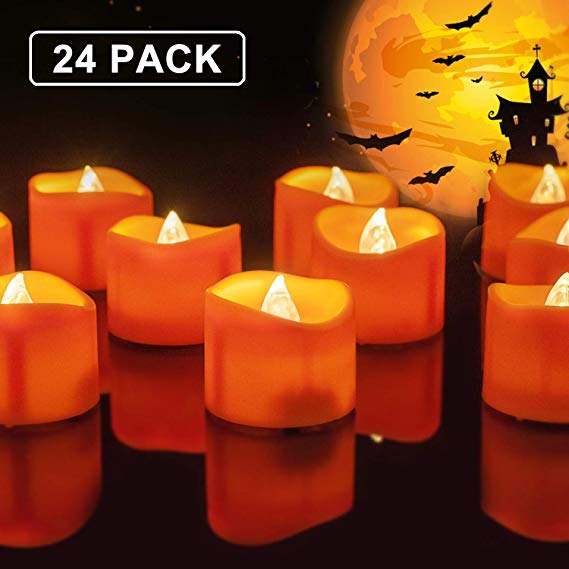 Homemory 24 Pack Battery Operated LED Tea Lights, Orange Flameless Votive Tealights with Warm White Flickering Lights, Small Electric Fake Tea Candles Realistic for Halloween, Pumpkin Lanterns