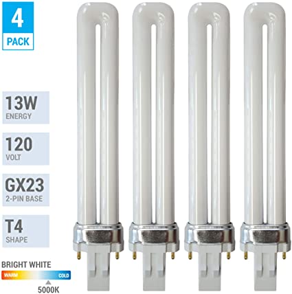 (Pack of 4) 13 Watt Single Tube 2 Pin GX23 Base - 5000K Bright White 50K - CFL Light Bulb - Replacement for Sylvania 21135 CF13DS/850- Philips 146878 PL-S 13W/850 and GE 97572 F13BX/850