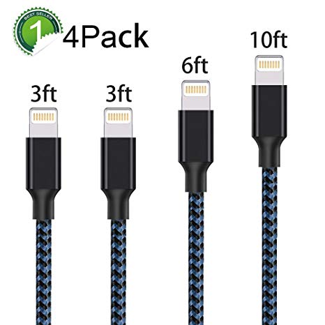 Cable,ONSON Charger Cables 4Pack 3FT 3FT 6FT 10FT to USB Syncing and Charging Cable Data Nylon Braided Cord Charger for iPhone 7/7 Plus/6/6 Plus/6s/6s Plus/5/5s/5c/SE and more-BlackBlue …