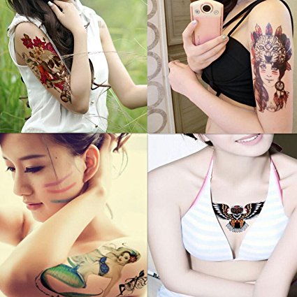Dalin 4 Sheets Temporary Tattoo, Floral Skull, Tribe Woman, Mermaid, Night Owl