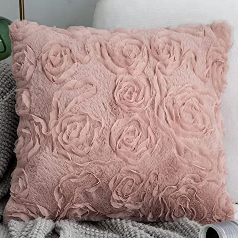 Foindtower 1 Piece Decorative Soft Fur Throw Pillow Covers Fluffy Romantic Chiffon Embroidered Cushion Cover, Solid 3D Rose Pillowcases for Party Couch Bed Nursery Room 20x20 Inch Dusty Pink
