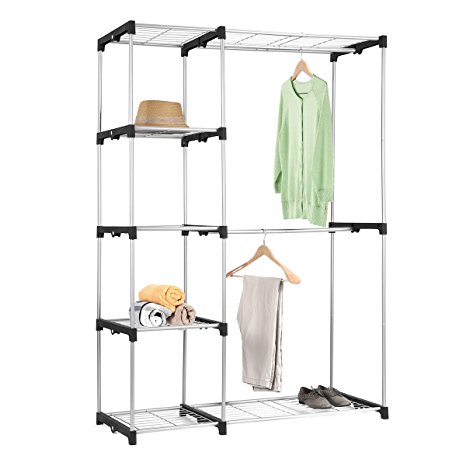 Double Rod Closet, MaidMAX Free Standing Garment Rack with Steel and Resin Frame, Sliver, Upgraded Version