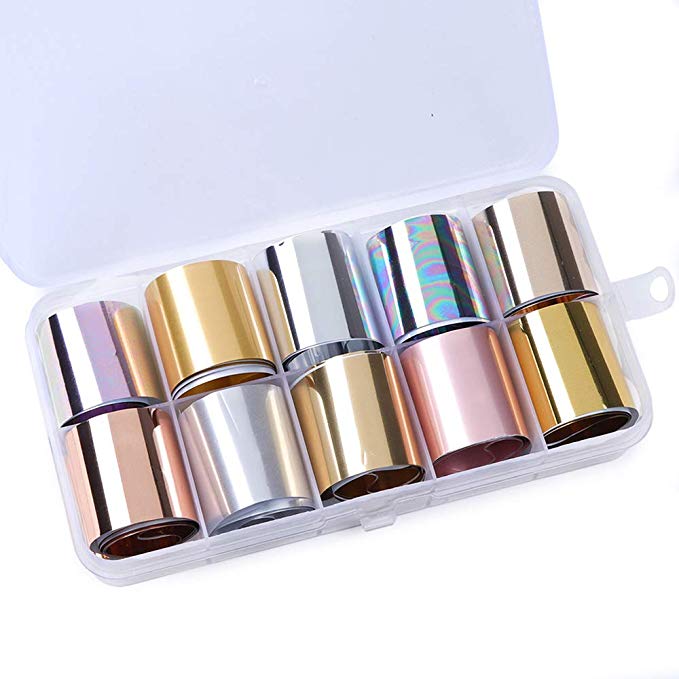 Macute Holographic Nail Transfer Foils Nails Supply Matte Metallic Nail Art Stickers Decal 10 Designs Gold Silver Nail Foil Transfers for Women Fingernails and Toenails Decorations Polish Wraps Set