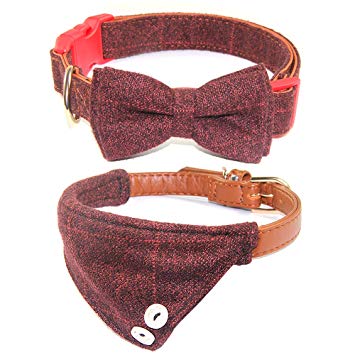 Fashion&cool Dog Collar for Cats Dogs, 2 Pack Soft & Comfortable Design Plaid Adjustable PU Leather pet Collars Bow Tie  Triangle Towel Bandana Style for Puppy Dogs Cats Kittens