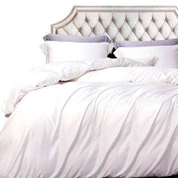 NTBAY 3 Pieces Silky Satin Duvet Cover Set Solid Color, Ultra Luxury and Soft, Hidden Zipper Design, White, Queen