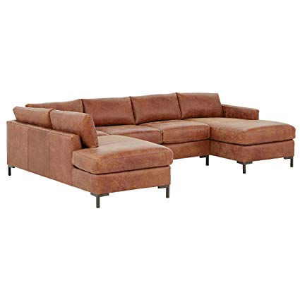 Rivet Edgewest Modern Left-Facing U-Shape Sectional, Leather, 117"W, Saddle