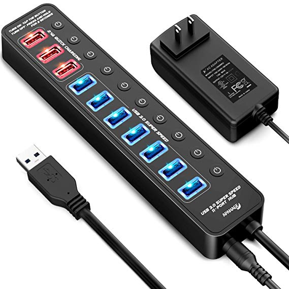 Powered USB Hub Splitter, APANAGE 11-Port High Speed USB 3.0 Hub(7 USB Data Ports   4 Smart Charging Ports) with 48W Power Adapter and Individual On/Off Switches for MacBook, Surface Laptop, PC, HDD