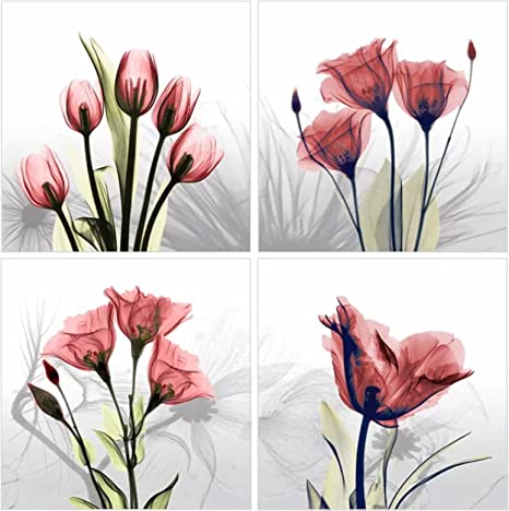 Diamond Painting Flowers 4 Pack DIY 5D Full Diamond Painting Art Kit Paint by Numbers Adult Kids Beginner Crystal Diamond Crafts Home Wall Kids Birthday Christmas Gift 11.8 × 11.8 Inch Red Flowers