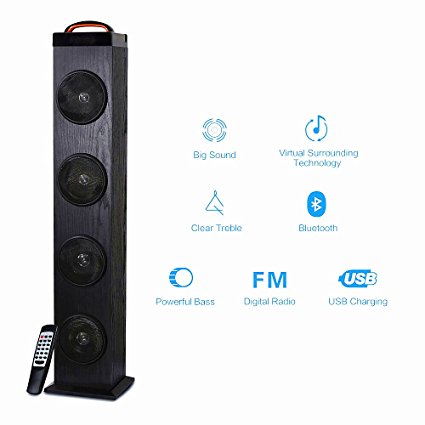Tower Speaker, TRANSPEED Wireless Bluetooth Floorstanding Speaker with Subwoofer for TV, 2.1 Channel 65Watts Strong Bass Perfect for Rock&Sport Events Party Wood Home Theater Speaker with FM Radio