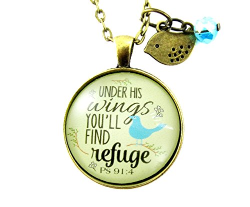 Under His Wings You Will Find Refuge Christian Scripture Necklace 1.20" Circle Glass Shabby Chic Pendant Bird Charm Custom Chain