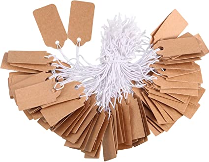 300 Pieces Marking Tags Kraft Price Tags Writable Blank Price Labels Display Tags with Elastic Hanging String(1.38 x 0.71 Inch)