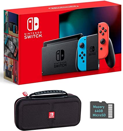 Nintendo Switch Bundle w/Case & SD Card: Nintendo Switch 32GB Console with Neon Red and Blue Joy-Con, Mazery SD Card & Travel Case