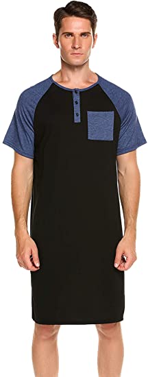 Skylin Cotton Sleep Shirt for Men V-Neck Nightshirts Short Sleeve Henley Shirt Lounge Sleepwear M-XXXL