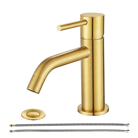 EZANDA Brass Single Handle Bathroom Faucet with Pop-up Sink Drain Assembly & Faucet Supply Lines, Brushed Gold, 1431108