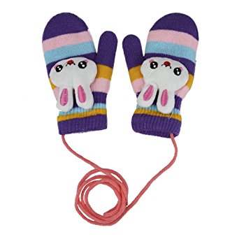 Children Hang Neck Gloves Kids Winter Full Finger Knitted Wrist Gloves with String Thick Cartoon Mittens Boys Girls Rabbit Pattern Stripes Hand Warmers Snowboarding Skiing Windproof Outdoor Mittens