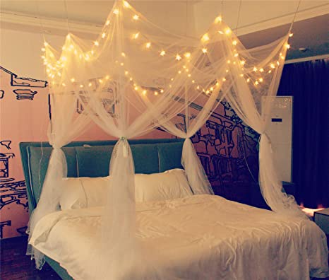 8 Corner Bed Canopy with 100 LED Star String Lights Battery Operated, Mosquito Net - Unique Style 4 Door Square Bed Netting Canopy Curtains Canopy - Suggested for Twin Full Queen King Bed