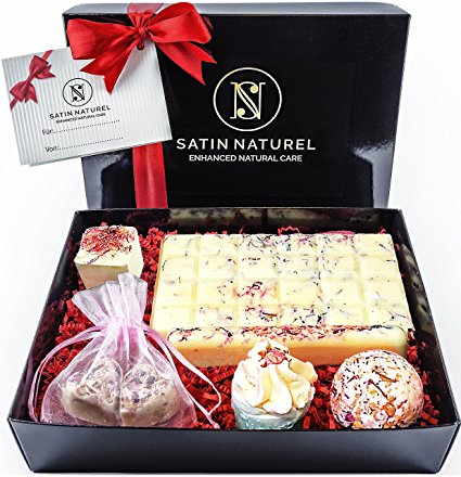 Organic Bath Bombs Of 7 Christmas Gift Set "Seductive Rose"- Elegant Present High-Quality Bath Pralines / Extraordinary Present Idea For Women / With Real Satin Bow - Vegan With Shea Butter