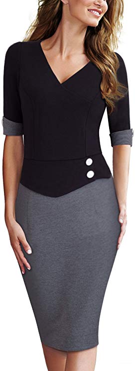 HOMEYEE Women's Official Wear to Work Half Sleeve V Neck Pencil Bodycon Dress B364